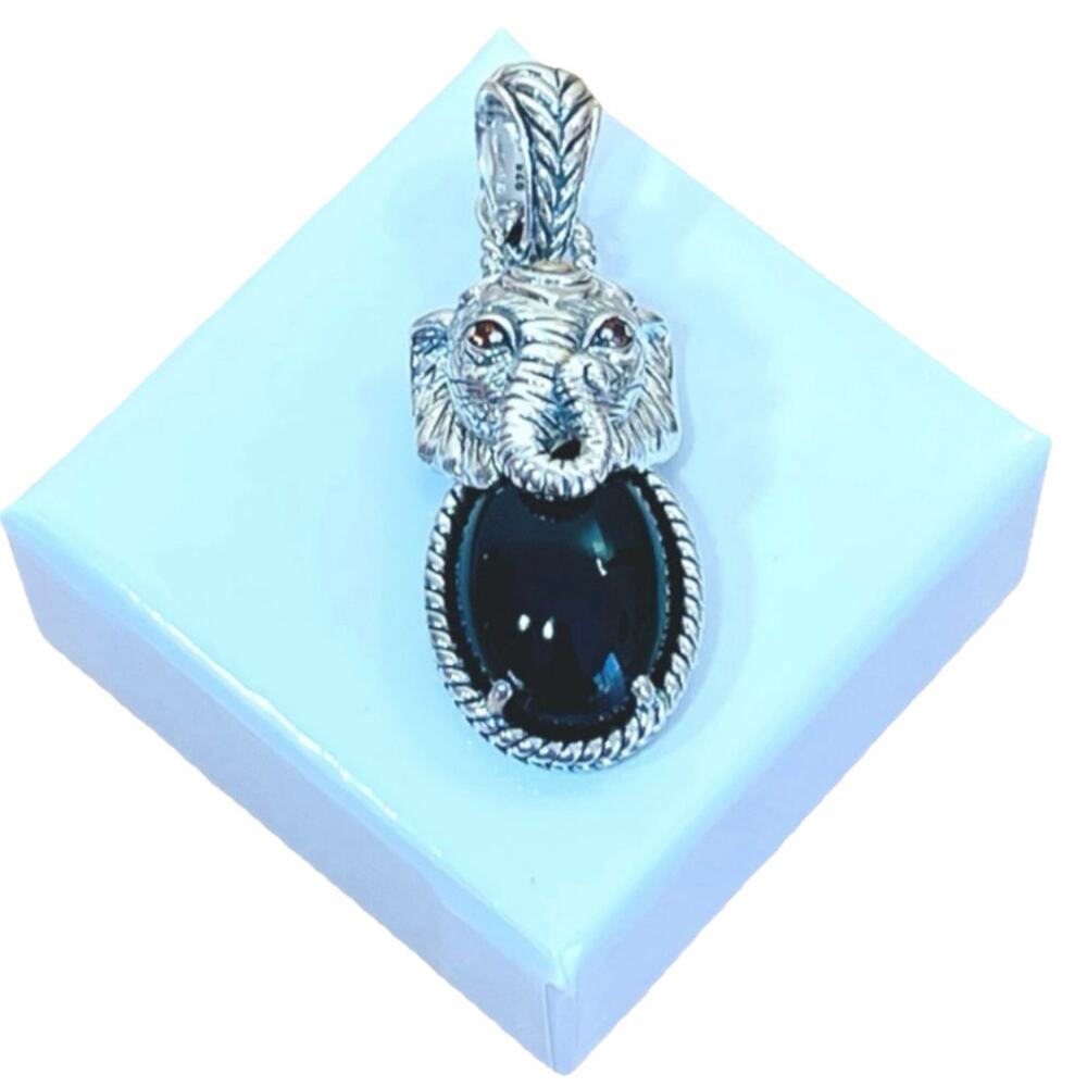 John Hardy Sterling Silver 14K Gold Elephant Onyx Pendant Garnet Enhancer JAI